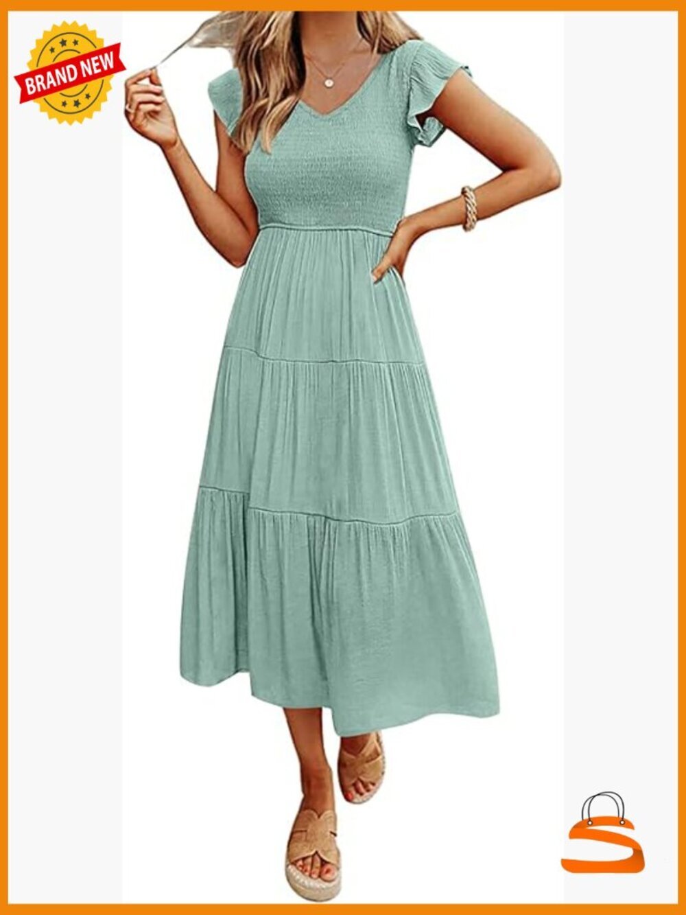 Flutter Sleeve V-Neck Smocked Tiered Midi Dress with Pockets